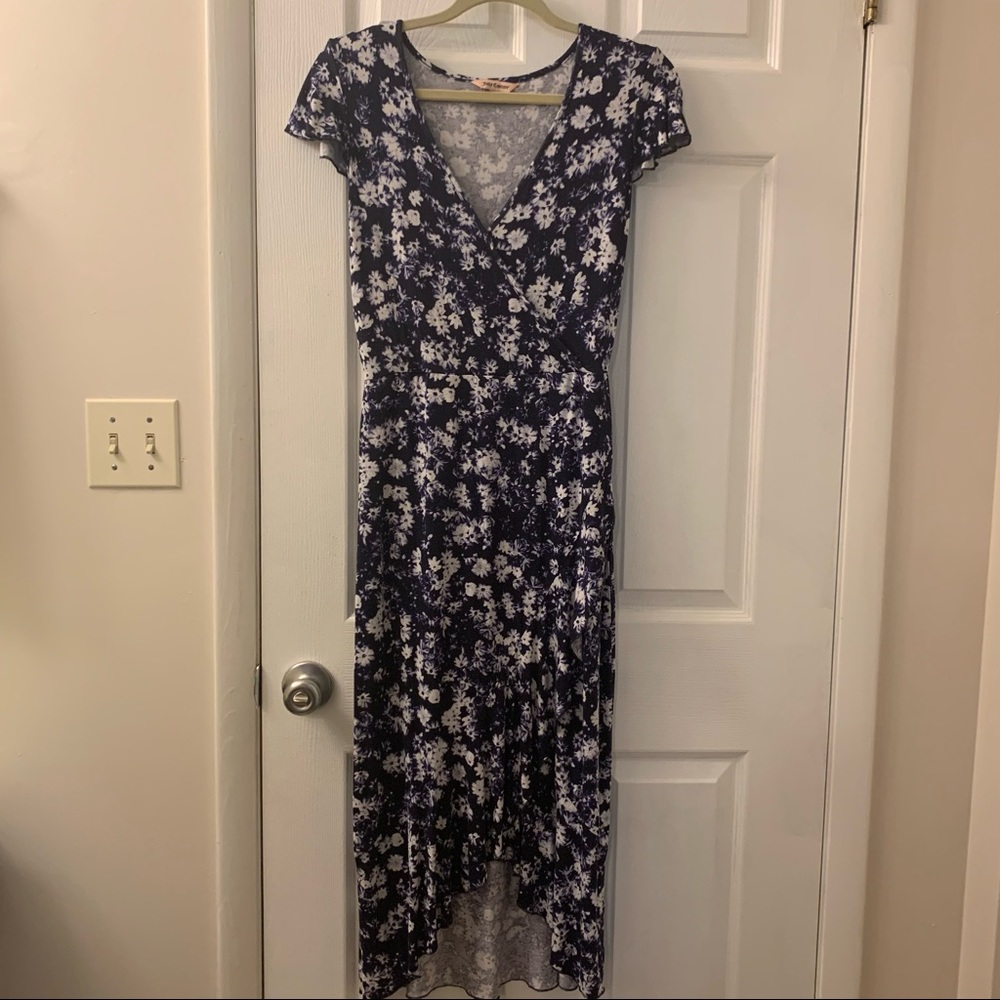 Juicy Couture blue floral faux wrap dress